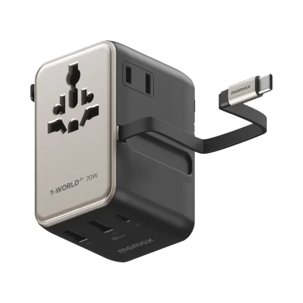 Momax UA30 1-World²⁺ 70W 3-Port Dual AC Travel Adapter with Built-In Retractable Cable